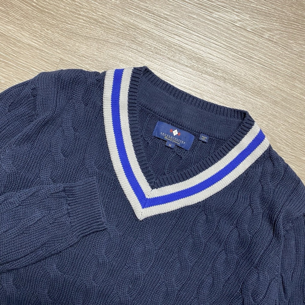 Argyleculture Russell Simmons Cable Knit V-Neck Cricket Sweater Men's M Blue